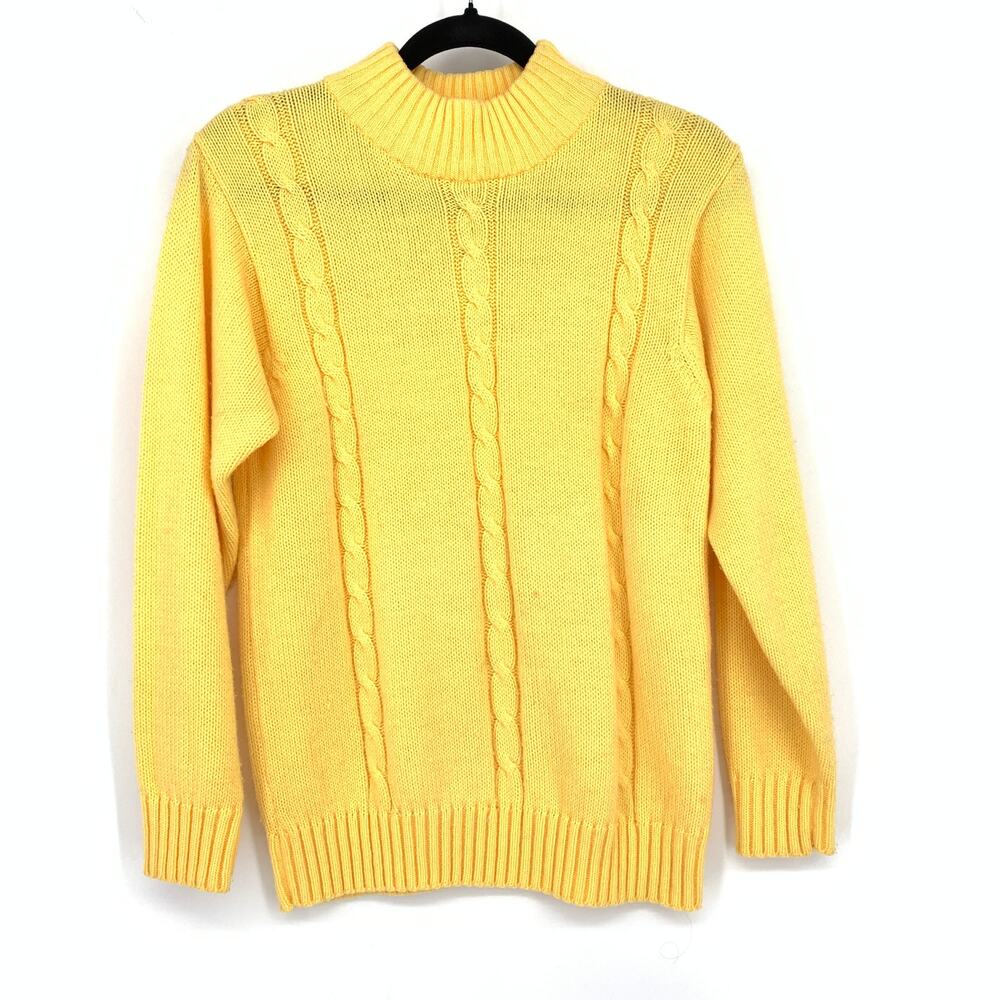 Vintage 90s Mock Neck Pullover Sweater Womens Size Medium Yellow Cable Knit